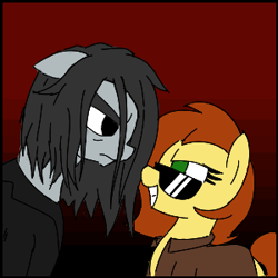 Size: 300x300 | Tagged: safe, artist:legendoflink, oc, oc only, oc:not important, oc:postal mare, pony, angry, clothes, female, gradient background, hatred, hatred (game), looking at each other, looking at someone, mare, ponified, postal, postal 2, postal dude, rule 63, sunglasses, trenchcoat