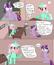 Size: 732x876 | Tagged: safe, artist:alyssafire, artist:nightshadowmlp, lyra heartstrings, twilight sparkle, alicorn, pony, unicorn, comic:five am at pinkie's: the prequel, g4, comic, five am at freddy's, five nights at freddy's, five nights at pinkie's, implied pinkie pie, mask, twilight sparkle (alicorn), wearing a mask