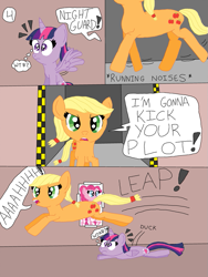 Size: 657x876 | Tagged: safe, artist:alyssafire, artist:nightshadowmlp, applejack, pinkie pie, twilight sparkle, alicorn, earth pony, pony, comic:five am at pinkie's: the prequel, g4, comic, hatless, missing accessory, twilight sparkle (alicorn)