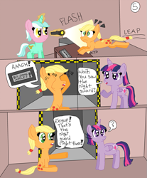 Size: 725x876 | Tagged: safe, artist:alyssafire, artist:nightshadowmlp, applejack, lyra heartstrings, twilight sparkle, alicorn, earth pony, pony, unicorn, comic:five am at pinkie's: the prequel, g4, buy some apples, comic, female, flashlight (object), hatless, mare, missing accessory, twilight sparkle (alicorn)