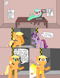 Size: 674x877 | Tagged: safe, artist:alyssafire, artist:nightshadowmlp, applejack, lyra heartstrings, twilight sparkle, alicorn, earth pony, pony, unicorn, comic:five am at pinkie's: the prequel, g4, comic, facehoof, hatless, implied pinkie pie, missing accessory, twilight sparkle (alicorn)