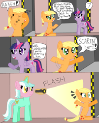 Size: 705x876 | Tagged: safe, artist:alyssafire, artist:nightshadowmlp, applejack, lyra heartstrings, twilight sparkle, alicorn, earth pony, pony, unicorn, comic:five am at pinkie's: the prequel, g4, comic, dialogue, flashlight (object), hatless, implied pinkie pie, light, missing accessory, rubbing eyes, text, twilight sparkle (alicorn)