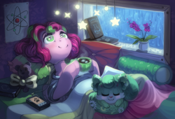 Size: 3000x2038 | Tagged: safe, artist:spirit-alu, oc, oc only, oc:gadget, oc:precious metal, cat, earth pony, pony, bed, book, cassette player, eye reflection, flower, high res, plushie, rain, reflection, window