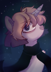 Size: 4961x7016 | Tagged: safe, artist:raily, oc, pony, unicorn, bust, clothes, crying, night, portrait, scarf, solo, stars