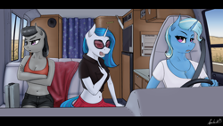 Size: 3840x2160 | Tagged: safe, artist:apocheck13, dj pon-3, octavia melody, trixie, vinyl scratch, earth pony, unicorn, anthro, g4, belly button, breasts, camper, car, cleavage, crossed arms, desert, driving, female, frown, high res, horn, midriff, open mouth, reasonably sized breasts, rv, sunglasses, trio, trio female, vixen 21 motorhome