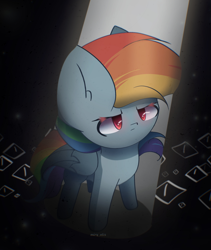 Size: 1900x2250 | Tagged: safe, artist:miryelis, rainbow dash, pegasus, pony, g4, darkness, eye, eyes, female, light, looking up, multicolored hair, perspective, rainbow hair, solo, wings
