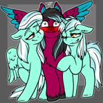 Size: 1896x1907 | Tagged: safe, artist:sexygoatgod, lyra heartstrings, skyra, oc, oc:razzmatazz gleam, hybrid, pegasus, pony, unicorn, g4, blushing, canon x oc, female, flirting, grin, lesbian, looking at each other, looking at someone, nervous, nervous smile, one eye closed, smiling, smirk, spread wings, trio, wingboner, wings, wink