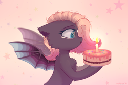 Size: 3000x2000 | Tagged: safe, artist:raily, bat pony, pony, bust, cake, candle, food, high res, solo