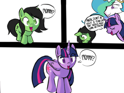Size: 2732x2048 | Tagged: safe, artist:yidwags, derpibooru exclusive, princess celestia, twilight sparkle, oc, oc:filly anon, alicorn, earth pony, pony, g4, amused, comic, dialogue, eye clipping through hair, female, filly, foal, grumpy, high res, hypocritical humor, mare, momlestia, mommy, open mouth, simple background, smiling, speech bubble, twilight sparkle (alicorn), white background