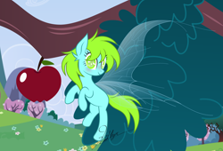 Size: 6000x4073 | Tagged: safe, artist:feather_bloom, artist:kaitykat117, oc, oc:mythic vision(kaitykat), original species, apple, base used, blind, blushing, cute, disabled, fairy wings, flying, food, green eyes, green mane, hooves up, leaves, looking at you, mythae, outdoors, small, smiling, solo, tree, tree branch, vector, weapons-grade cute, wings