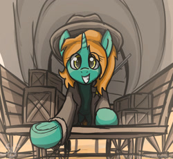 Size: 2226x2047 | Tagged: safe, artist:somber, oc, oc only, oc:dust runner, clothes, duster, female, grin, hat, high res, looking at you, mare, offscreen character, pov, smiling, solo, wagon