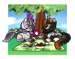 Size: 1512x1182 | Tagged: safe, artist:nynehells, oc, oc only, kirin, food, kirin oc, picnic blanket, strawberry, tree