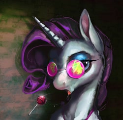 Size: 1459x1421 | Tagged: source needed, safe, artist:baccizoof, rarity, pony, unicorn, g4, brick wall, candy, drool, drool string, flash, food, glitter, lollipop, smug, solo, sunglasses, tongue out