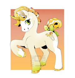 Size: 2105x2185 | Tagged: safe, artist:nynehells, oc, oc only, pony, unicorn, bald face, blaze (coat marking), bow, cloven hooves, coat markings, colored hooves, curved horn, facial markings, gold hooves, gradient legs, high res, hooves, horn, pinto, raised hoof, solo, tail, tail bow, watermark