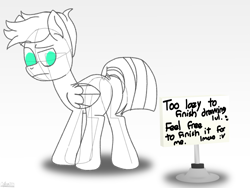 Size: 8764x6600 | Tagged: safe, artist:agkandphotomaker2000, oc, oc:pony video maker, pegasus, pony, april fools, breaking the fourth wall, butt, dock, drawn into existence, folded wings, lazy artist, monochrome, plot, raised eyebrow, sign, simple background, sketch, tail, wings, wip