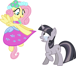 Size: 3473x3000 | Tagged: safe, artist:cloudy glow, artist:wardex101, edit, fluttershy, twilight sparkle, pegasus, pony, unicorn, a canterlot wedding, g4, alternate hairstyle, clothes, crying, crylight sparkle, discorded, discorded twilight, dress, duo, duo female, female, flying, full body, high res, hooves, horn, looking at someone, looking down, mare, multicolored mane, multicolored tail, open mouth, open smile, raised hoof, simple background, smiling, spread wings, standing, surprised, tail, transparent background, twilight tragedy, unicorn twilight, vector, wedding dress, wings
