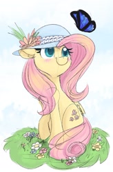 Size: 1791x2729 | Tagged: safe, artist:lbrcloud, fluttershy, butterfly, pegasus, pony, blushing, cheek fluff, chest fluff, colored sketch, cute, female, floppy ears, flower, folded wings, grass, hat, head turned, high res, looking at something, looking up, mare, outdoors, raised hoof, shyabetes, sitting, sky background, smiling, solo, sun hat, wings