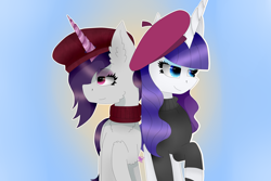 Size: 3000x2000 | Tagged: safe, artist:kathepart, onyx, rarity, pony, unicorn, g4, g5, my little pony: a new generation, beatnik rarity, beret, clothes, duo, fanart, fashion, female, hat, high res, mare, sweater