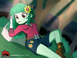 Size: 1000x750 | Tagged: safe, artist:thealjavis, wallflower blush, human, equestria girls, g4, boots, clothes, female, flower, flower in hair, freckles, shirt, shoes, shorts, solo, tongue out