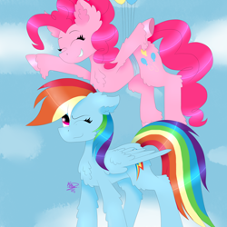 Size: 4000x4000 | Tagged: safe, artist:kathepart, pinkie pie, rainbow dash, earth pony, pegasus, pony, g4, balloon, chest fluff, cloud, duo, eyes closed, female, lesbian, ship:pinkiedash, shipping, sky background, wings