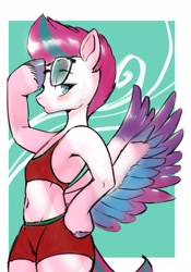 Size: 1431x2048 | Tagged: safe, artist:yajima, zipp storm, pegasus, semi-anthro, g5, arm hooves, bipedal, butt wings, clothes, female, glasses, glasses off, looking at you, mare, solo, wings