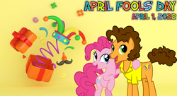 Size: 2063x1125 | Tagged: safe, artist:cloudy glow, artist:not-yet-a-brony, cheese sandwich, pinkie pie, earth pony, pony, g4, 2022, april, april fools, april fools 2022, boyfriend and girlfriend, female, husband and wife, lyrics in the description, male, mare, ship:cheesepie, shipping, smile darn ya smile, smiling, song reference, stallion, straight, youtube link in the description