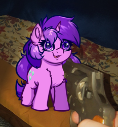 Size: 3438x3686 | Tagged: safe, artist:witchtaunter, amethyst star, sparkler, pony, unicorn, g4, april fools, april fools joke, chest fluff, ear fluff, female, gun, hand, high res, irl, offscreen character, photo, ponies in real life, recolor, shoulder fluff, solo, weapon