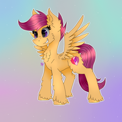 Size: 1000x1000 | Tagged: safe, artist:kathepart, scootaloo, pegasus, pony, g4, chest fluff, ear fluff, fluffy, gradient background, purple eyes, solo, unshorn fetlocks, wings