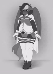 Size: 2500x3500 | Tagged: safe, artist:teahouse_tenari, oc, oc only, oc:fluffy, pegasus, anthro, plantigrade anthro, anime, blushing, chubby, clothes, cosplay, costume, crossdressing, cute, eye clipping through hair, eyebrows, eyelashes, feathered wings, femboy, floppy ears, folded wings, grayscale, high res, magical girl, male, monochrome, puella magi madoka magica, smiling, solo, wings