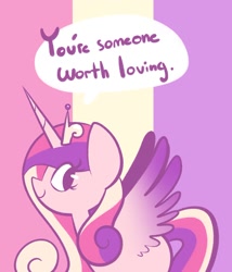 Size: 1280x1493 | Tagged: safe, artist:typhwosion, princess cadance, alicorn, pony, g4, colored wings, crown, female, horn, jewelry, looking at you, mare, positive ponies, profile, regalia, simple background, smiling, solo, speech bubble, spread wings, tiara, two toned wings, wings