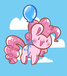 Size: 983x1101 | Tagged: safe, artist:typhwosion, pinkie pie, earth pony, pony, g4, :3, balloon, beady eyes, chibi, cloud, floating, flying, looking at you, sky background, smiling, solo, then watch her balloons lift her up to the sky