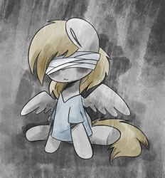 Size: 803x866 | Tagged: safe, artist:typhwosion, derpy hooves, pegasus, pony, g4, where the apple lies, bandage, clothes, female, hooves, hospital gown, mare, sad, sitting, solo, spread wings, wings