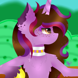 Size: 4000x4000 | Tagged: safe, artist:kathepart, oc, oc only, oc:kathepaint, pony, unicorn, brown eyes, chest fluff, collar, female, freckles, hooves, horn, mare, purple, solo