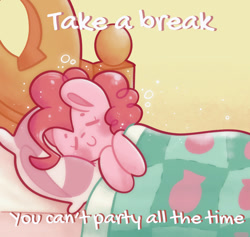 Size: 946x897 | Tagged: safe, artist:typhwosion, pinkie pie, earth pony, pony, g4, bed, eyes closed, go to sleep, positive ponies, sleeping, smiling, solo, text