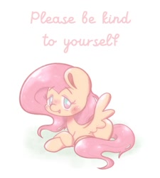 Size: 1080x1200 | Tagged: safe, artist:typhwosion, fluttershy, pegasus, pony, g4, crossed hooves, kindness, looking at you, lying down, positive ponies, prone, simple background, solo, talking to viewer, text, white background