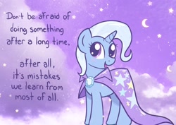 Size: 2048x1448 | Tagged: safe, artist:dynamo, artist:typhwosion, trixie, pony, unicorn, g4, brooch, cape, clothes, cloud, collaboration, cute, diatrixes, jewelry, looking at you, positive ponies, solo, stars, talking to viewer, text, trixie's brooch, trixie's cape