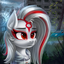 Size: 2000x2000 | Tagged: safe, alternate version, artist:atlas-66, oc, oc only, oc:sh4d, earth pony, pony, abandoned, apartment, avatar, bored, broken window, car, chernobyl, chest fluff, chevrolet, chevrolet matiz, clothes, cloud, cloudy, disinterested, ear fluff, eyebrows, face paint, female, fern, ferris wheel, fog, foggy, grass, high res, hoodie, mare, overgrown, pripyat, red eyes, road, shading, solo, square, tree, ukraine, uninterested, window