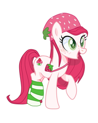 Size: 1947x2447 | Tagged: safe, artist:lavender-bases, artist:vernorexia, earth pony, pony, g4, bag, bangs, base used, beanie, blushing, clothes, colored pupils, crossover, female, food, freckles, fruit, green eyes, hat, long hair, long mane, long tail, mare, open mouth, ponified, purse, raised hoof, red hair, simple background, socks, solo, strawberry, strawberry shortcake, strawberry shortcake (character), strawberry shortcake berry in the big city, striped socks, tail, transparent background