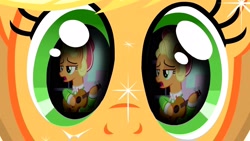 Size: 1920x1080 | Tagged: safe, edit, edited screencap, screencap, applejack, earth pony, pony, g4, magical mystery cure, sparkle's seven, a true true friend, apple chord, eye reflection, guitar, musical instrument, reflection
