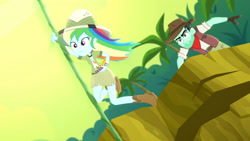Size: 3410x1920 | Tagged: safe, screencap, rainbow dash, slingshot (g4), equestria girls, g4, leaping off the page, my little pony equestria girls: summertime shorts, boots, clothes, cutie mark on clothes, duo, female, high res, male, shoes