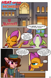 Size: 2620x4000 | Tagged: safe, artist:tjpones, smolder, spike, oc, dragon, earth pony, pony, comic:heat of the moment, g4, bellhop, bellhop pony, comic, dialogue, dragoness, drink, drinking, female, hotel, luggage, mare, older, older spike, soda can, speech bubble, teenage spike, teenager