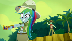Size: 3410x1920 | Tagged: safe, screencap, rainbow dash, slingshot (g4), equestria girls, g4, leaping off the page, my little pony equestria girls: summertime shorts, clothes, cutie mark on clothes, duo, female, grin, high res, male, midriff, smiling