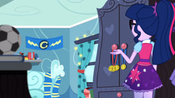 Size: 3410x1920 | Tagged: safe, screencap, rarity, sci-twi, twilight sparkle, equestria girls, g4, leaping off the page, my little pony equestria girls: summertime shorts, clothes, cutie mark on clothes, female, glasses, high res, offscreen character, ponytail, sci-twi outfits, solo focus