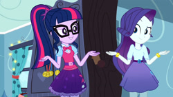 Size: 3410x1920 | Tagged: safe, screencap, rarity, sci-twi, twilight sparkle, human, equestria girls, g4, leaping off the page, my little pony equestria girls: summertime shorts, bedroom, belt, blouse, bowtie, bracelet, clothes, cutie mark on clothes, duo, duo female, eyebrows, eyeshadow, female, geode of shielding, geode of telekinesis, glasses, high res, jewelry, looking at each other, looking at someone, magical geodes, makeup, medal, necklace, ponytail, purple skirt, raised eyebrow, shrug, skirt, smiling, vest, wardrobe