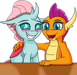 Size: 2048x1988 | Tagged: safe, artist:neondragon, ocellus, smolder, changedling, changeling, dragon, g4, arm around back, blushing, changeling x dragon, cute, diaocelles, dragoness, female, interspecies, lesbian, looking at you, ship:smolcellus, shipping, simple background, smiling, smiling at you, smolderbetes, transparent background
