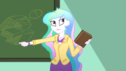 Size: 3410x1920 | Tagged: safe, screencap, princess celestia, principal celestia, equestria girls, g4, my little pony equestria girls: summertime shorts, subs rock, book, chalkboard, female, high res, pointing, solo
