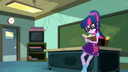Size: 3410x1920 | Tagged: safe, screencap, sci-twi, twilight sparkle, equestria girls, g4, my little pony equestria girls: summertime shorts, subs rock, book, chalkboard, clothes, cutie mark on clothes, female, glasses, high res, sci-twi outfits, smiling, solo, television