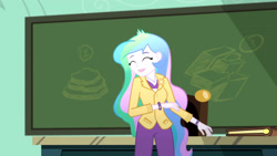 Size: 3410x1920 | Tagged: safe, screencap, princess celestia, principal celestia, equestria girls, g4, my little pony equestria girls: summertime shorts, subs rock, book, chalkboard, cute, cutelestia, eyes closed, female, high res, smiling, solo