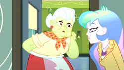Size: 3410x1920 | Tagged: safe, screencap, granny smith, princess celestia, principal celestia, equestria girls, g4, my little pony equestria girls: summertime shorts, subs rock, celestia is not amused, duo, duo female, female, high res, lockers, open mouth, unamused