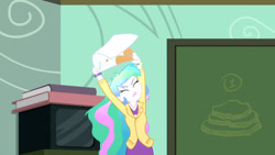 Size: 3410x1920 | Tagged: safe, screencap, princess celestia, principal celestia, equestria girls, g4, my little pony equestria girls: summertime shorts, subs rock, apron, chalkboard, clothes, eyes closed, female, high res, solo, television